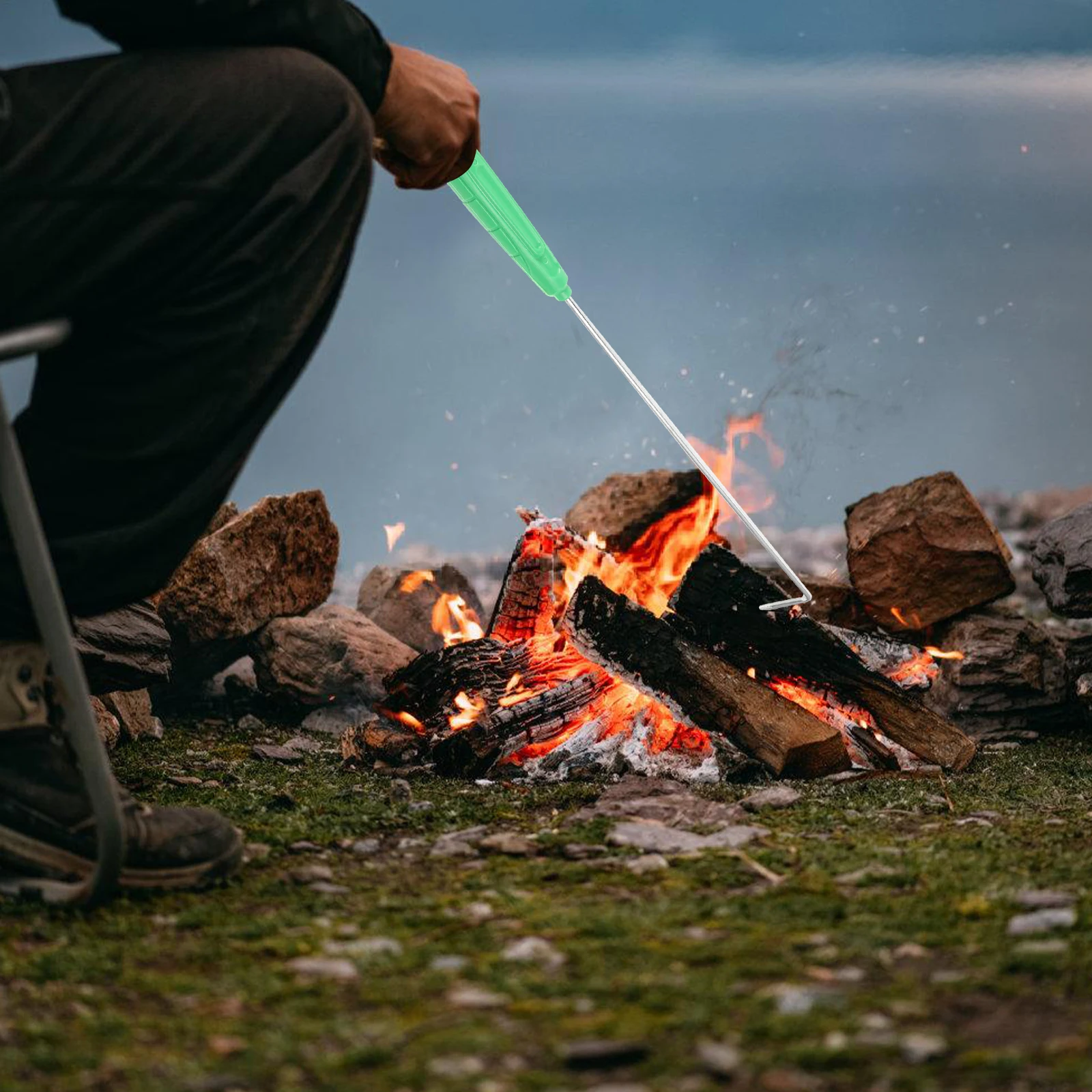 

Fire Hook Tool 43cm Green Handle Lightweight Portable for Camping Fireplace Pit Accessories Metal