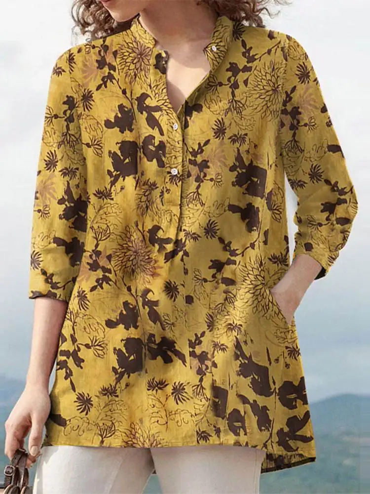 ZANZEA Autumn Floral Printed Blouse 2024 Women Bohemian 3/4 Sleeve Holiday Shirt Chemise Female Casual Work Blusas Tunic Tops