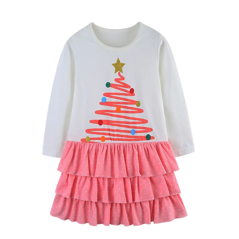 

Jumping Meters 2-7T Christmas Tree Long Sleeve Girls Dresses Children's Autumn Spring Kids Clothes Birthday Toddler Kids Frocks
