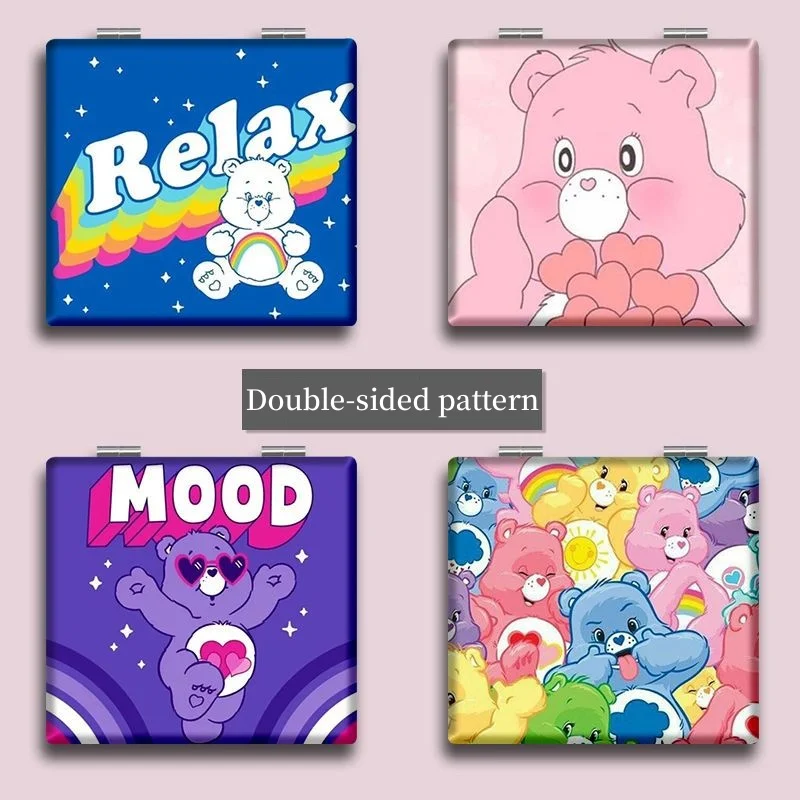 مرآة مكياج محمولة من كيوت كير بير، مرآة مكياج قابلة للطي على الوجهين، مرآة مكياج مربعة الشكل للفتيات للخروج