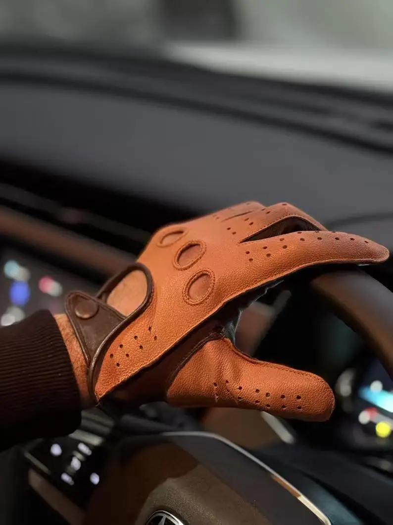 

Goatskin gloves men's thin single leather driving autumn and winter plush warm cycling motorcycle touch screen leather gloves me