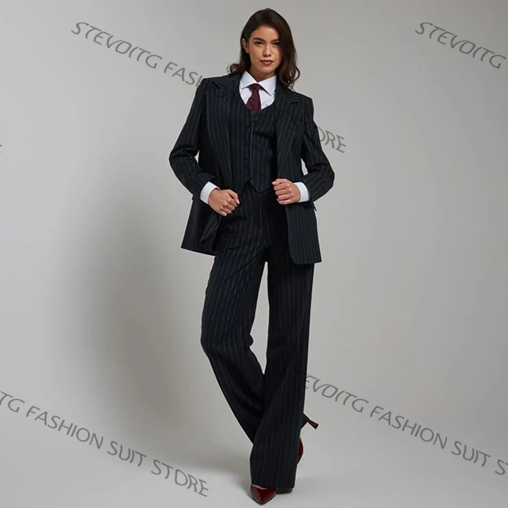 

Navy Blue Pinstripe Women's Blazers and Suit Sets Professional 3-Piece Jacket+Vest+Pants Office Business Formal Female Wear