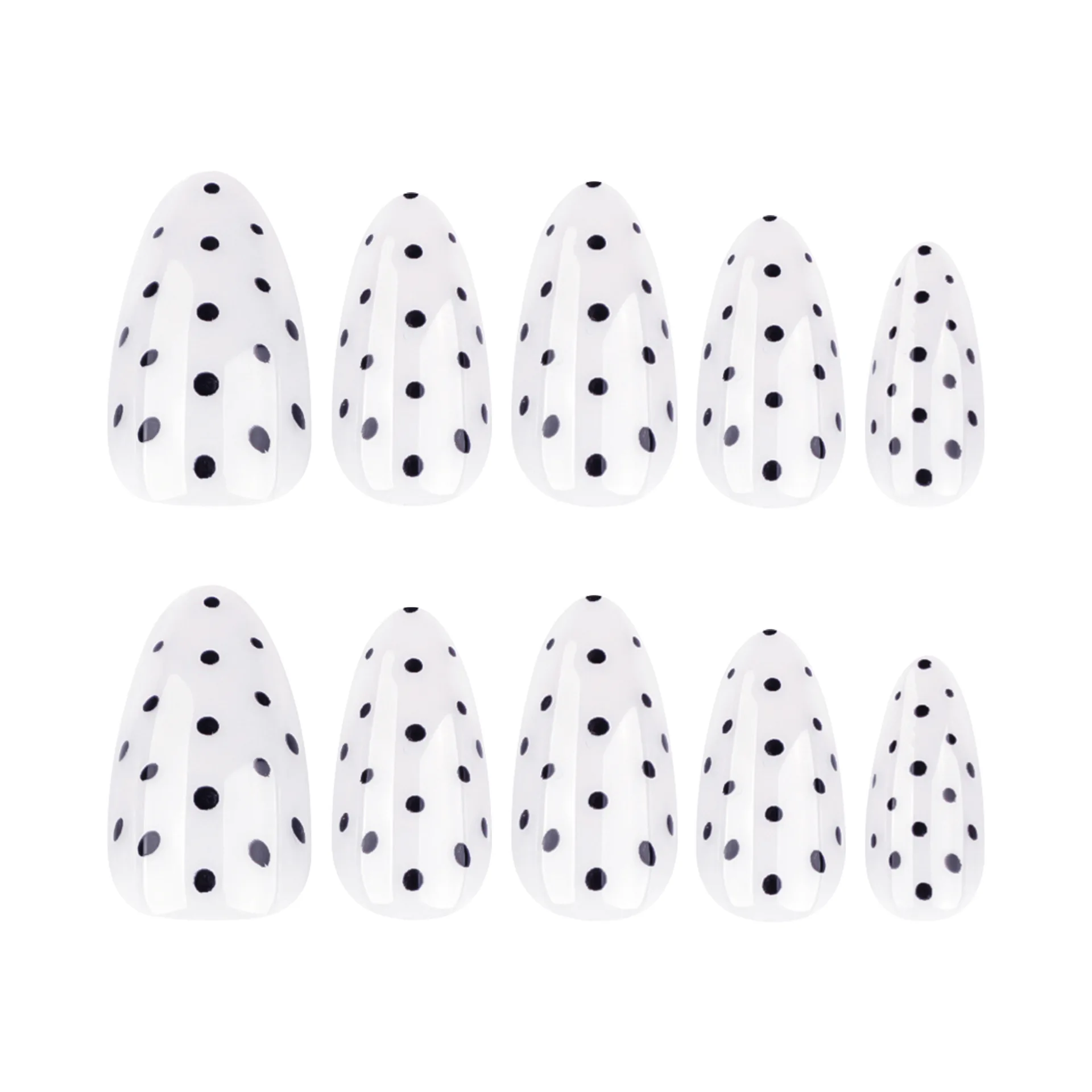 24pcs White Almond Press On Nails Black Round Wave Point Pattern Printed Fake Nail Full Cover Simple Detachable False Nail Tips