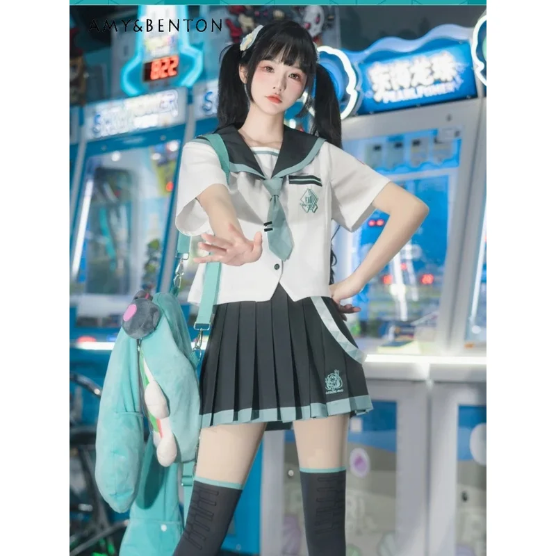 

Japanese Anime JK Uniform Sweet Cute Sailor Collar Short Sleeve Shirt Pleated Skirt Two-Piece Sets Women Preppy Style Outfits