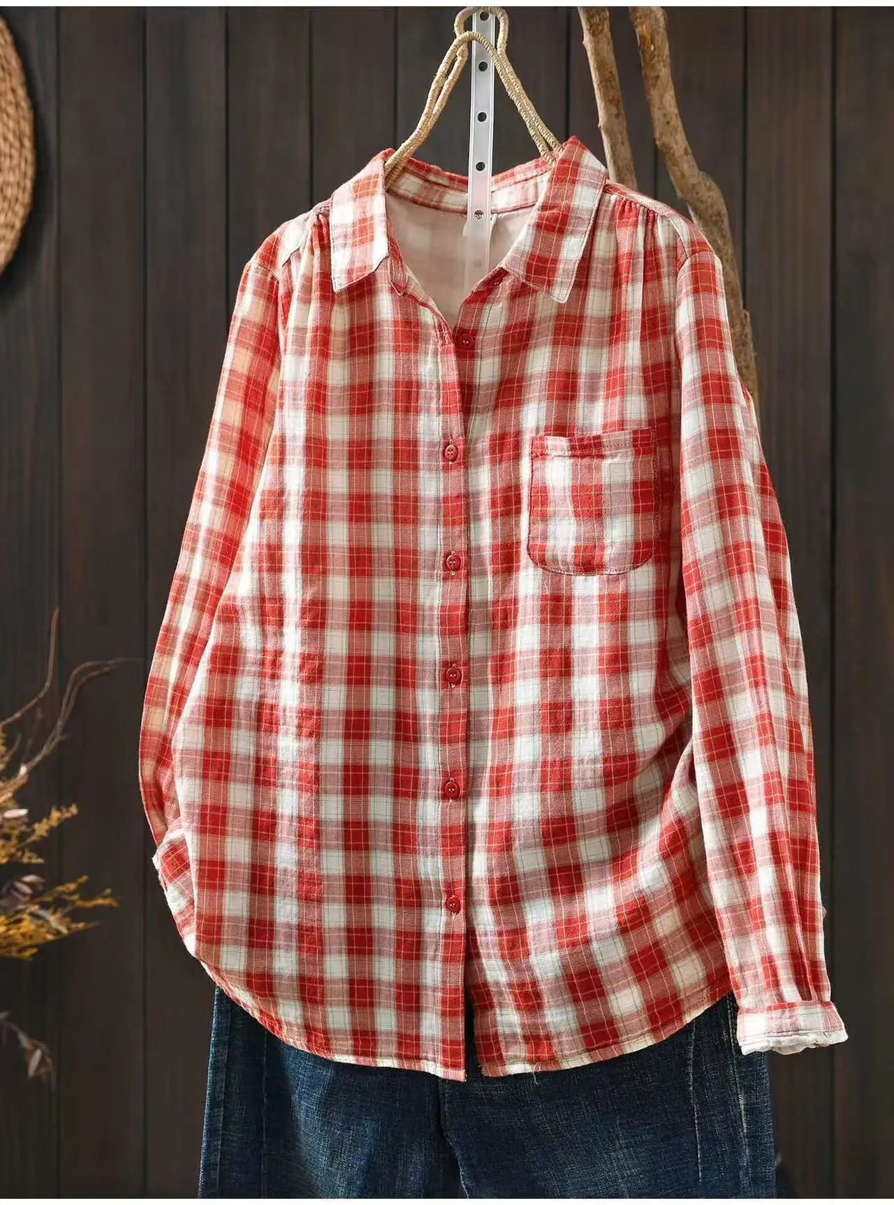 2026 Vintage clothing women\'s plaid shirt Japanese style casual pure cotton yarn checkered shirts long sleeve blouses