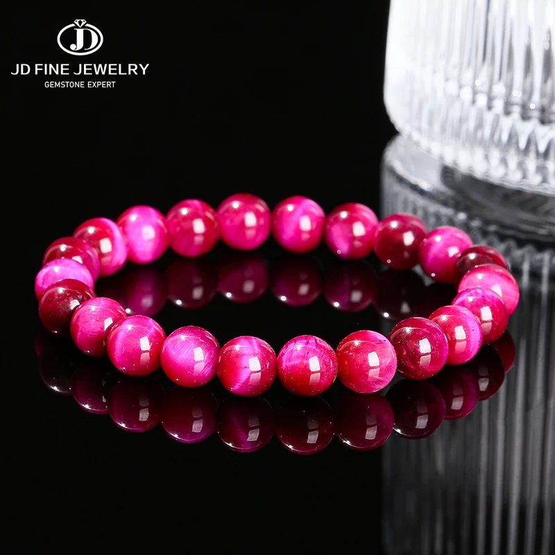 JD 5A Quality Dyed Color Fuchsia Rose Red Tiger Eye Stone Bead Bracelet Women Men Simple Strand Yoga Balance Healing Couple Gift