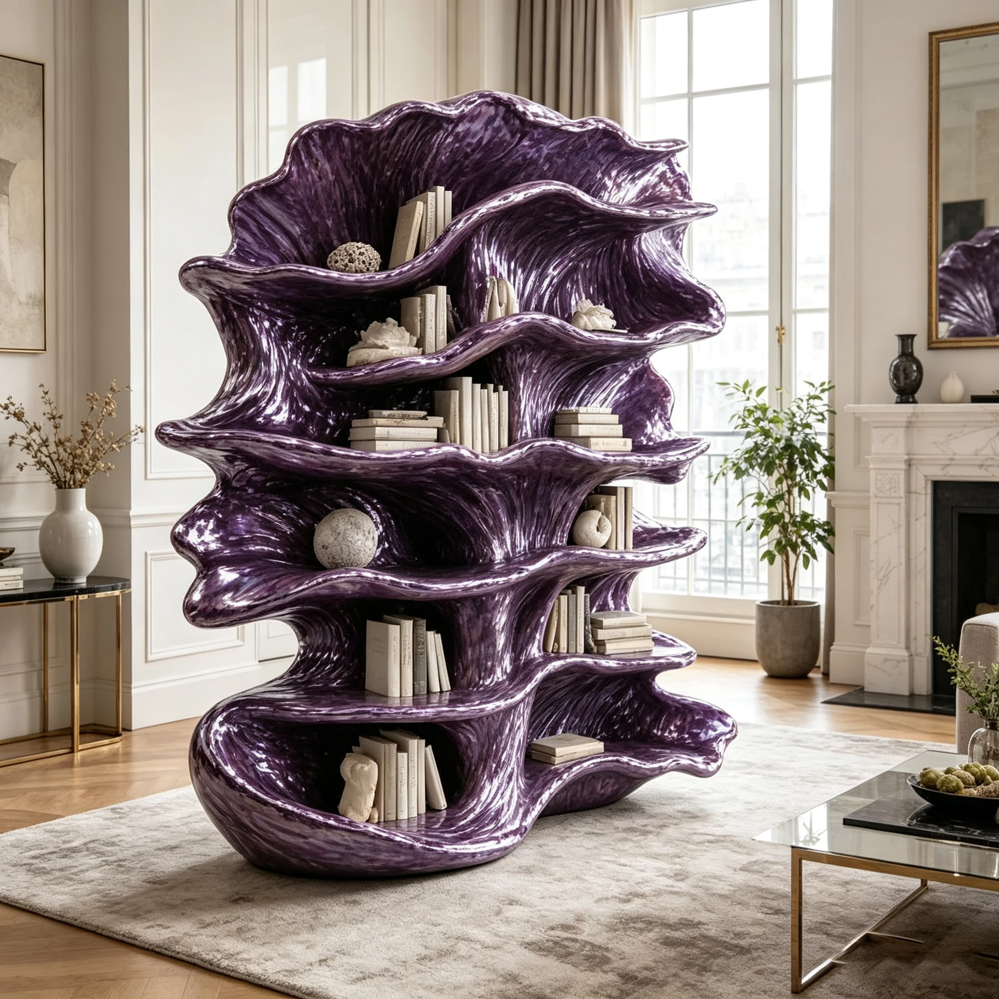 c*-Gloss Purple Ruffled Wave Sculpture Bookshelf Integral Fiberglass Frame for Home Study Book Ornament Storage