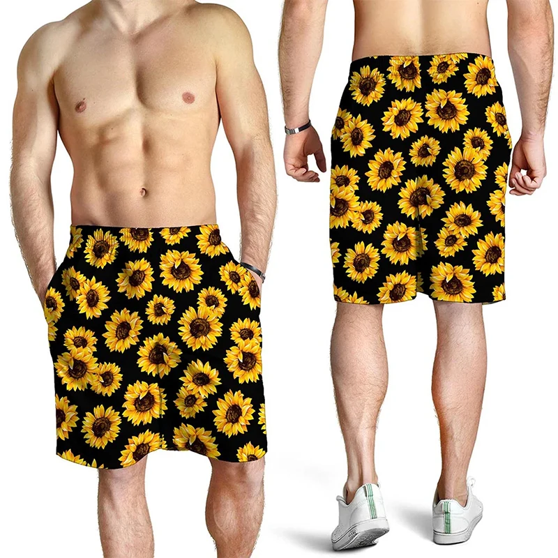 3D Print Sunflower Pattern Shorts For Men Hawaii Vacation Beach Board Shorts Mens Floral Print Short Pants Ropa De Hombre