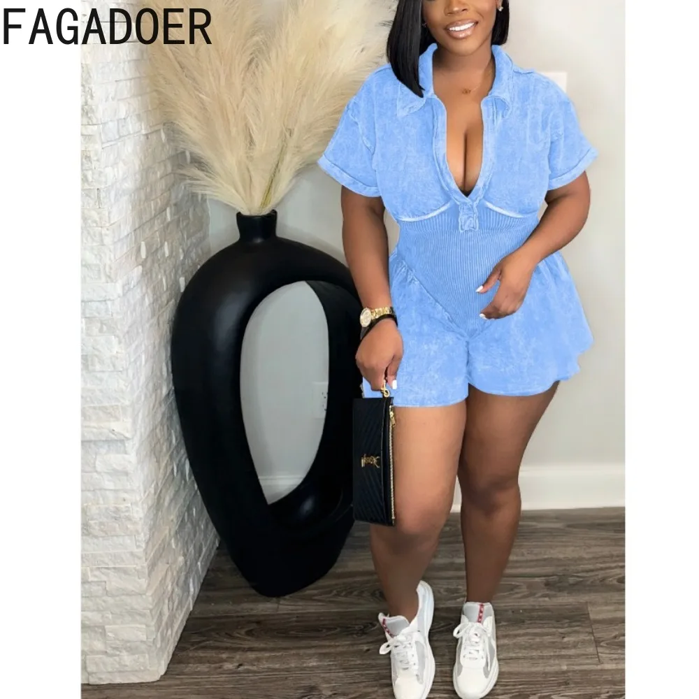 FAGADOER Fashion Streetwear Women Deep V Short Sleeve Slim Ruffle Ruched Rompers Casual Female Corset A-line Shorts Jumpsuits