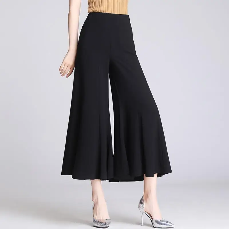 Summer New Simplicity Solid Color Elastic Waist Fish Tail Capris Femme Versatile Fashionable High Waist Loose flared pants Z418