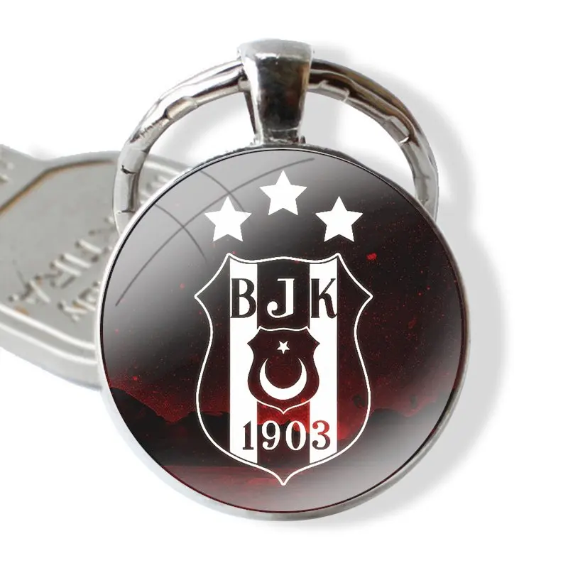 พวงกุญแจแฮนด์เมดแก้ว Cabochon จี้ที่ใส่พวงกุญแจพวงกุญแจทีมฟุตบอล besiktas