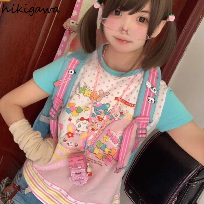 Camisetas Y2k para Mujer, Tops cortos, Ropa para Mujer, Camisetas de manga corta con cuello redondo, Camiseta de moda con estampado de Anime, Camisetas japonesas