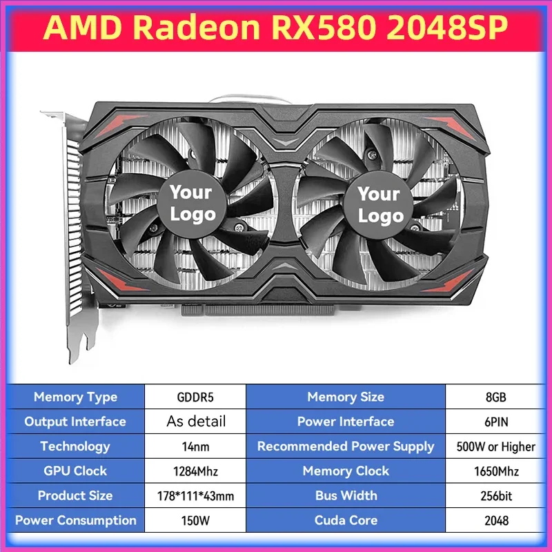 Graphics Cards for Computer Dsktop Gaming and Workstation 3D Rendering Gddr5 Rx580 Gpu VGA Card 8GB Video Memory Graphic Card