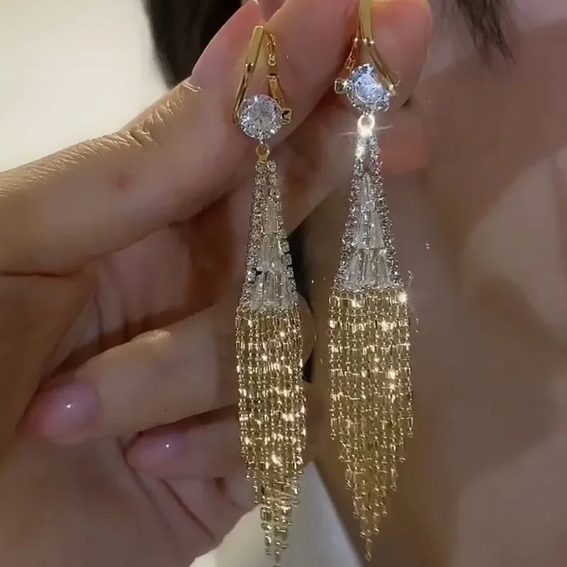 Exquisite Zircon Long Tassel Golden Earrings for Women Fashionable Personalized Prom Accessories Party Jewelry Anniversary Gifts