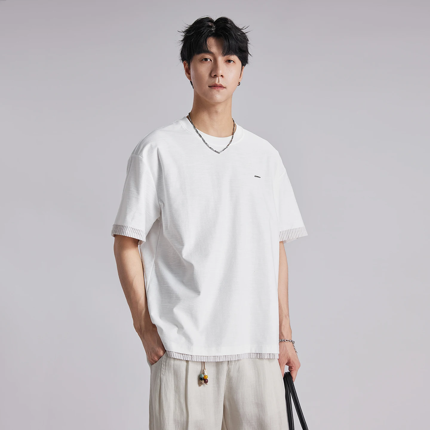 Men's Ribbed Contrast Cuff T-Shirt 2026 Summer Loose Drop Shoulder Embroidered Small Logo Breathable Casual Short Sleeve Tee