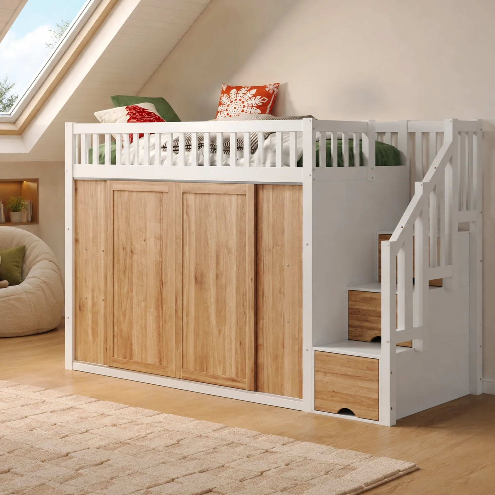 Multifunctioneel kinderbed in hoogslapermodel 90x200 cm met kledingkast, trapopbergruimte, LED-verlichting, witte en eikenhouten afwerking, zonder matras