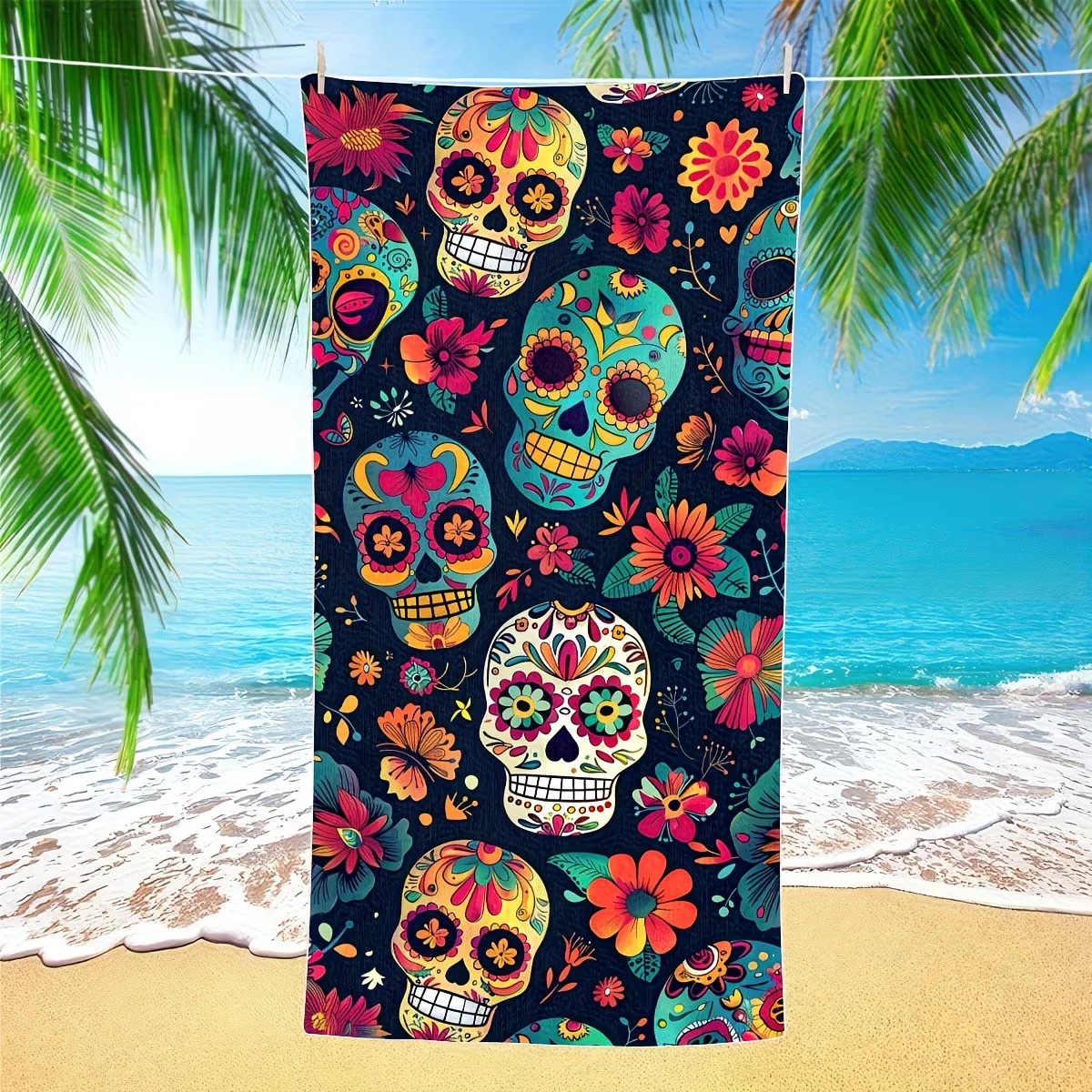 Sugar Skull Microfiber Beach Towel Day of the Dead Bath Towel Quick Dry Sand Free Swimming Blanket for Travel Seaside Pool