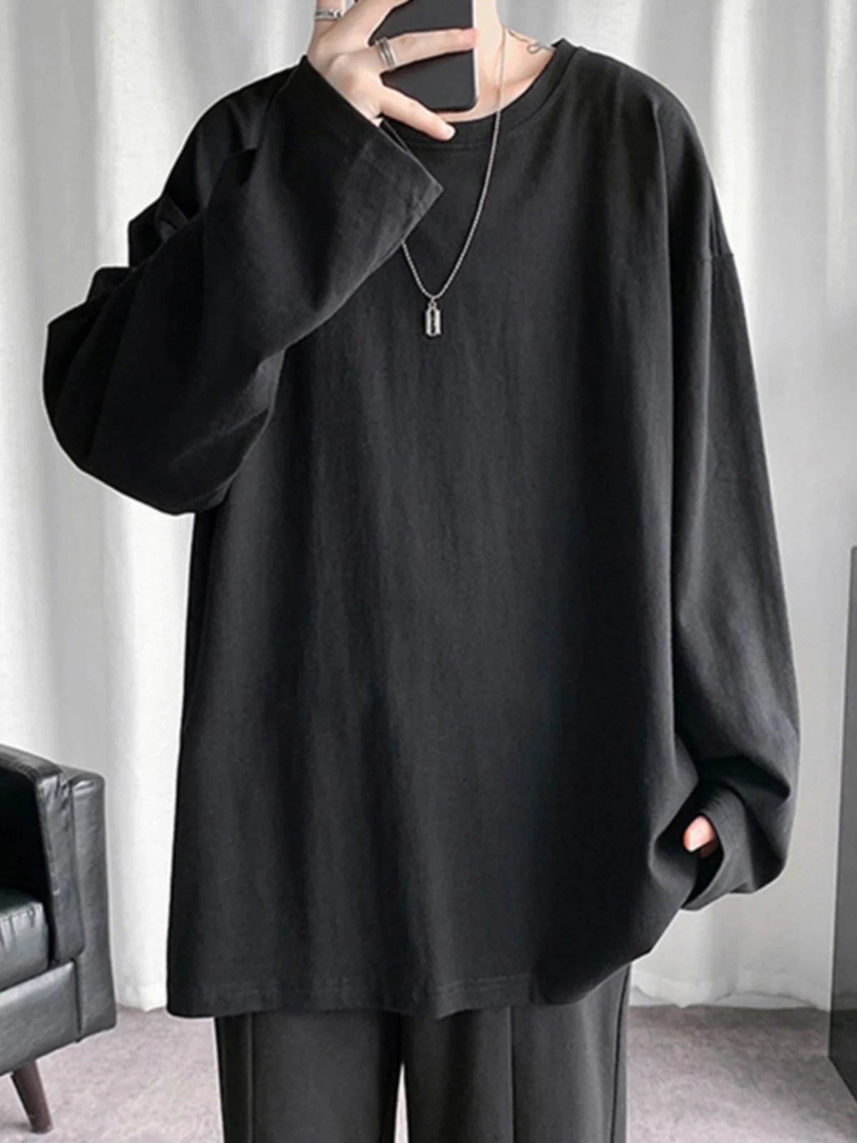 Loose Long Sleeve round Neck T-Shirt for Men Spring Autumn Pure Color Base Layer Shirt Inner Wear Big Size Casual Fashion
