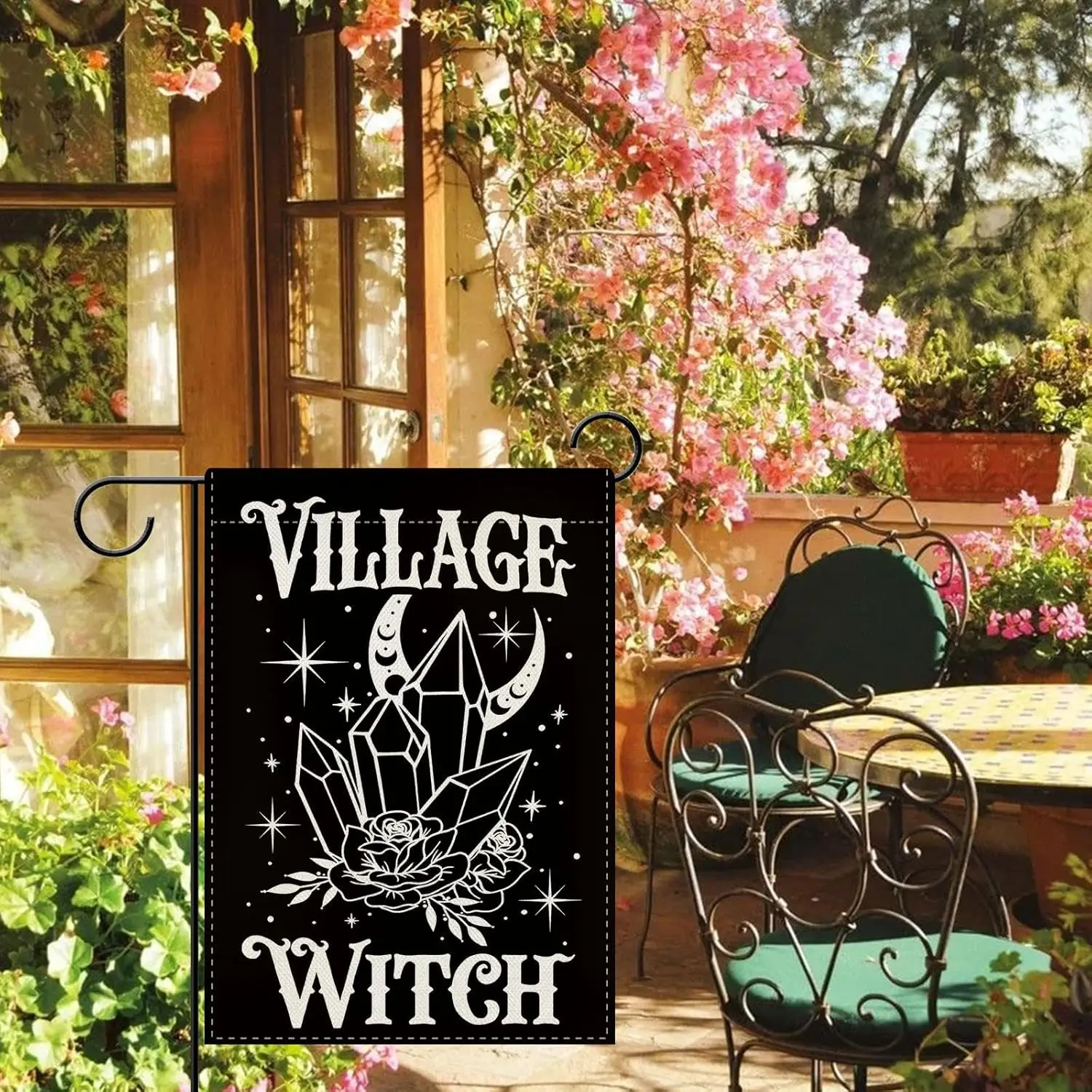 Dyrenson Village Witch Crystal Decorative Garden Flag, Gothic Dark Mystical Divination Rose Moon Star Yard Outside Home Deco ZZM