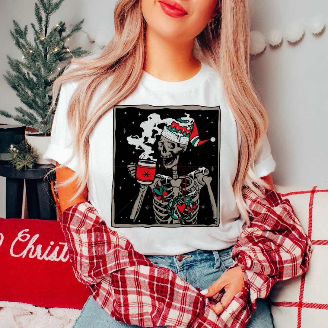 Trendy Retro Skeleton Coffee Printed T-Shirt Fun 90s Style Casual Women's Cartoon T-Shirt Pattern New Year Printed T-Shirt