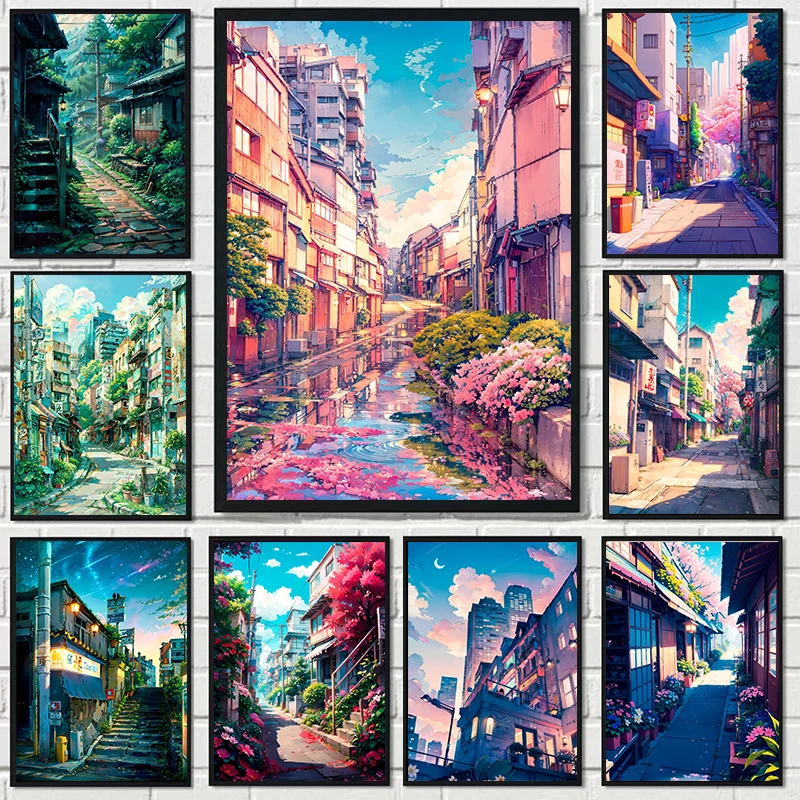 Animation Street Landscape Posters and Prints Vintage Landscape Canvas Painting Wall Art Picture for Living Room Home Decor