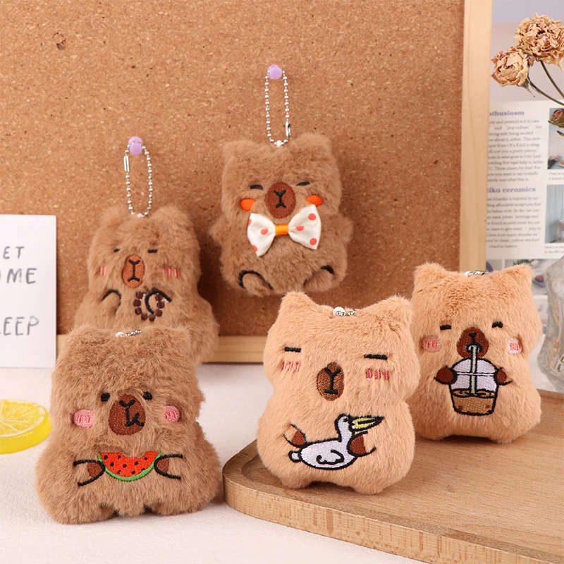 Squeaking Capibara Plush Pendant Cartoon Milk Tea Capybara Soft Stuffed Doll Keychain Car Key Ring Backpack Bag Decor Gift