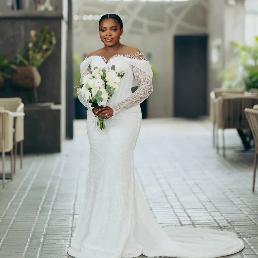 Robes de mariée classiques en dentelle de luxe personnalisées, manches longues, sirène scintillante, robes de mariée pour femmes