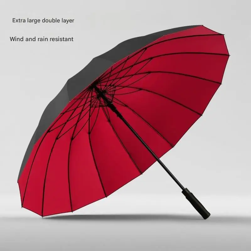 30 Inch 16 Ribs Automatic Double Layer Golf Umbrella Long Handle Straight Umbrella Large Windproof Rain Umbrella