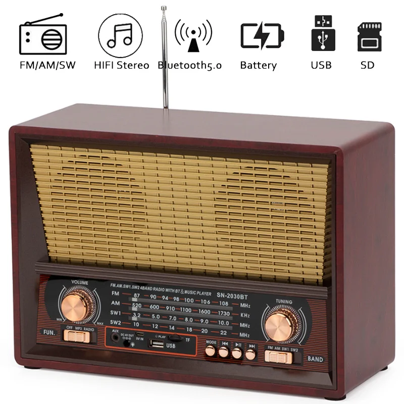 Portable retro radio wooden wireless bluetooth dual speaker high fidelity stero am fm raid receiver player usb tf card aux music