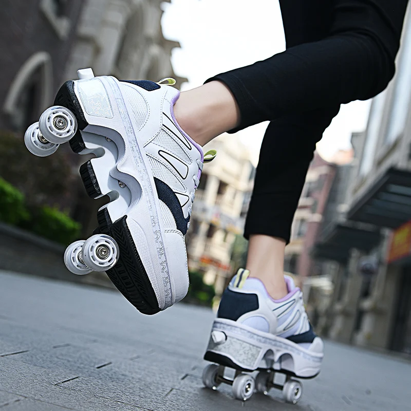 Çocuk kız erkek Sneakers için paten ayakkabı ile 4 tekerlekler deformasyon Parkour rahat oyun çizmeler gençler için yürüyüş