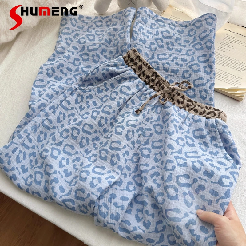 الفتيات الراقية الأزرق ليوبارد طباعة النوم مجموعة القطن الشاش الخريف منامة المرأة طويلة الأكمام اليابانية يمكن ارتداؤها ملابس المنزل الدعاوى