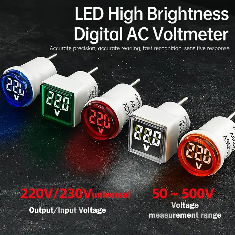1PC EU Plug LED Household Digital Monitor Alternating Current  50V~500V Voltmeter Universal Circular Indicator Light AC220V