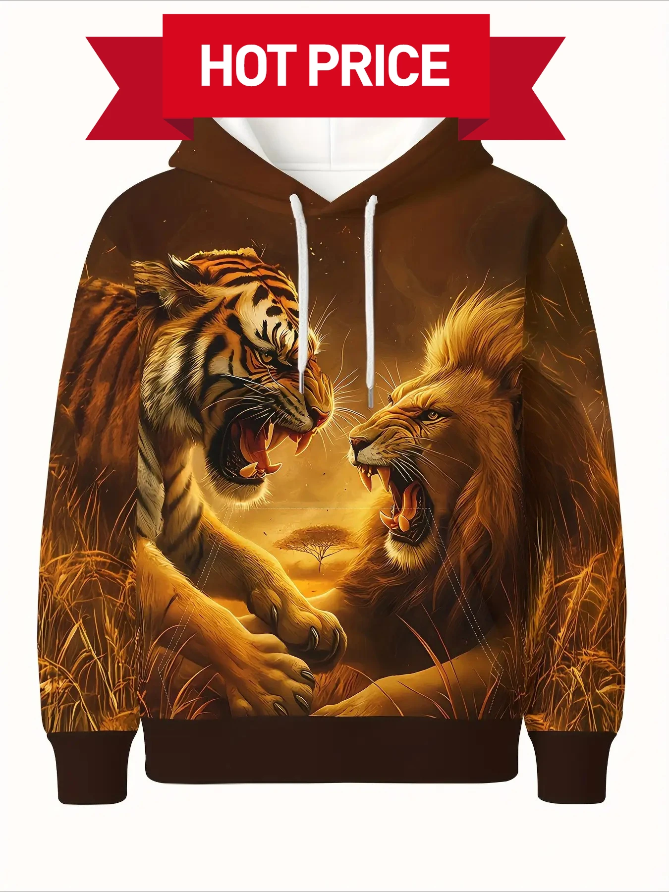 

3D printed full animal pattern, long-sleeved pullover with drawstring hood and kangaroo pocket, warm winter streetwear