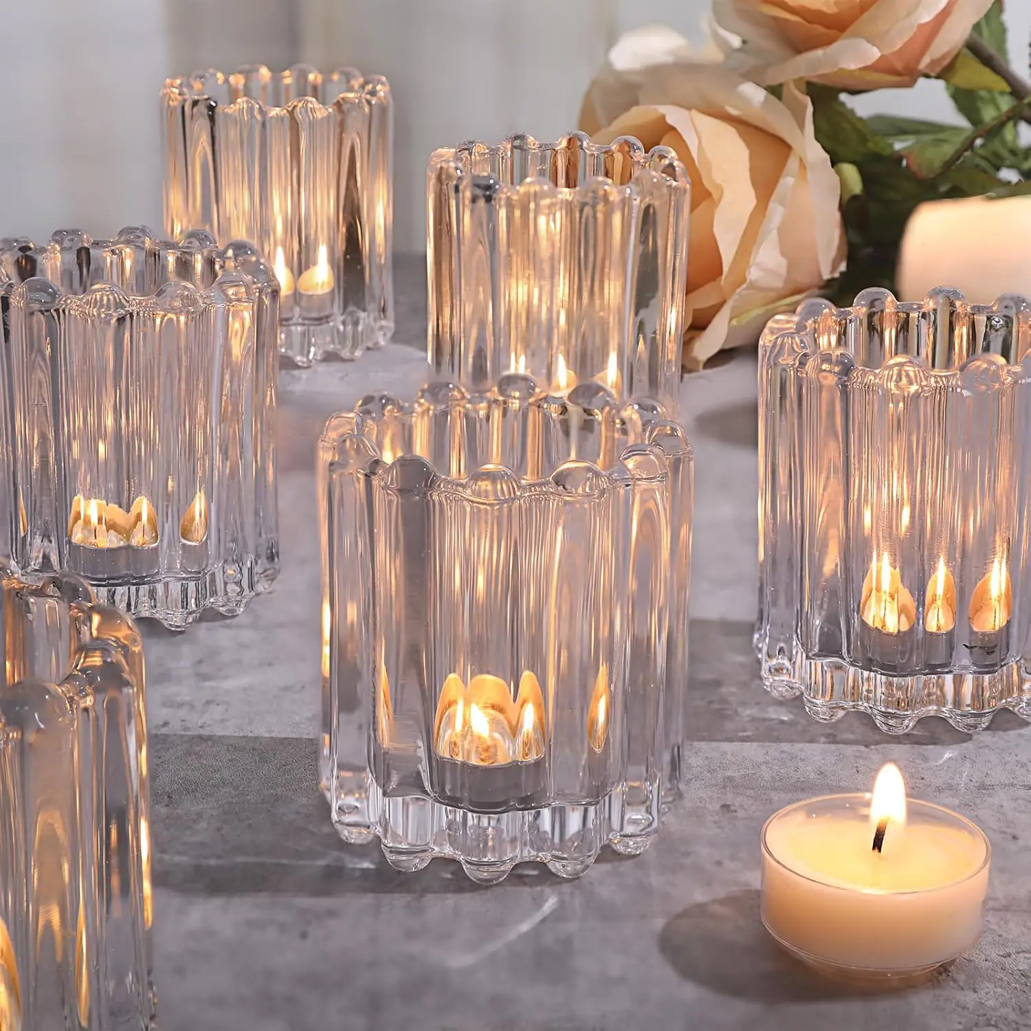 

Ribbed Glass Votive Candle Holders Set of 6, Tealight Holder for Wedding Centerpieces Dinner Table Decor