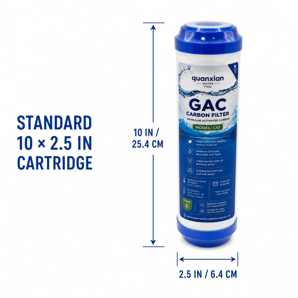 10 x 2.5 Inch GAC Granular Activated Carbon Water Filter Cartridge, Stage 2 Pre Filter for RO Water Systems