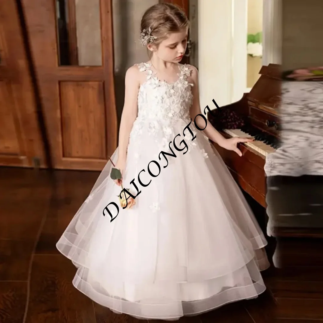 Customized Luxury Flower Girl Dresses For Wedding Tiered Appliques Floral Princess Birthday Party First Communion Pageant Gown