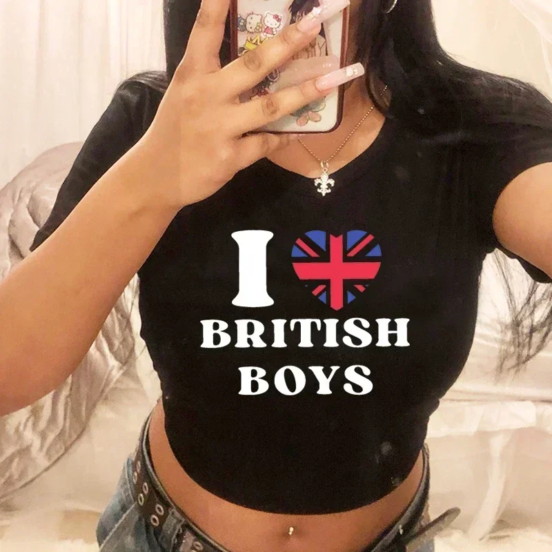 2000s Grunge Goth Women Crop Top Y2k Summer Fashion T Shirts Sexy Club Wear Outfits I Love British Boys T Shirt Dropshipping