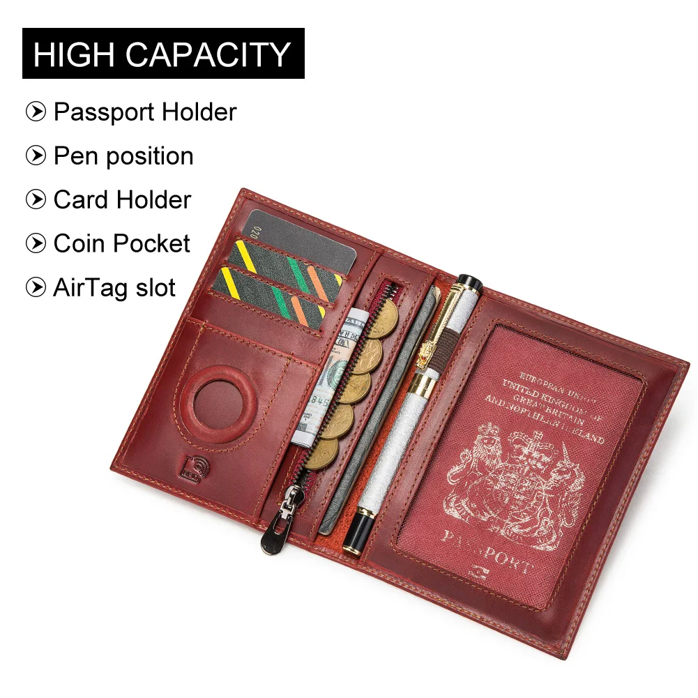 RFID Passport Book Holder with AirTag Crazy Horse Leather RFID Credit Card Holder Coin Purse Multi-function Pen Cover for Travel