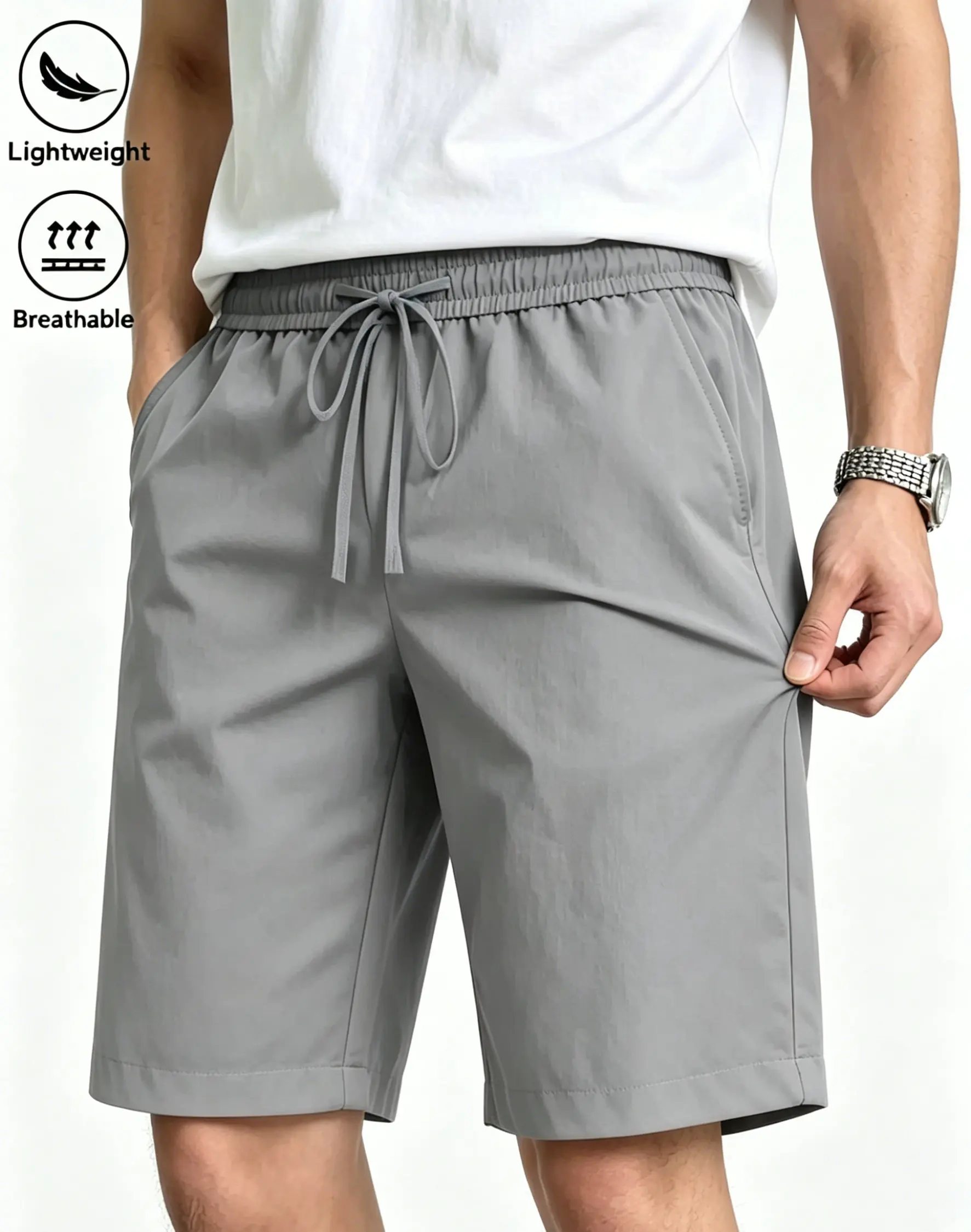 Leichte, atmungsaktive Herren-Shorts mit Kordelzug, schnelltrocknend, für Sport, Strand, Workout, Sommer, mit Taschen – Detail 6