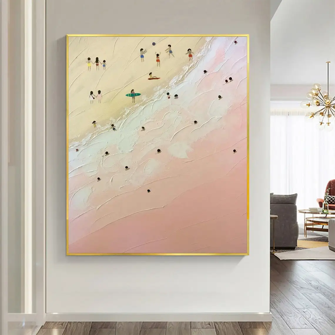 Summer Beach Oil Painting On Canvas Modern Abstract Pink Ocean Painting Large Textured Wall Art Custom Living room Home Decor