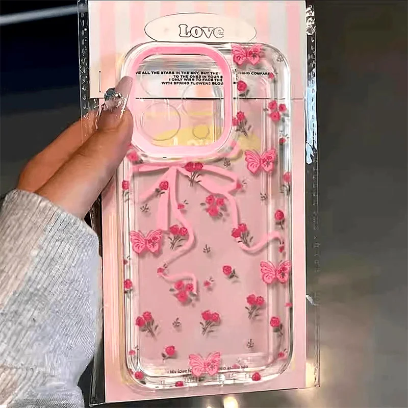 Coque de téléphone transparente élégante, imprimé Floral, papillon Rose, pour IPhone 17 16 15 14 13 12 11 Pro Max 16E 17 Pro, couverture souple