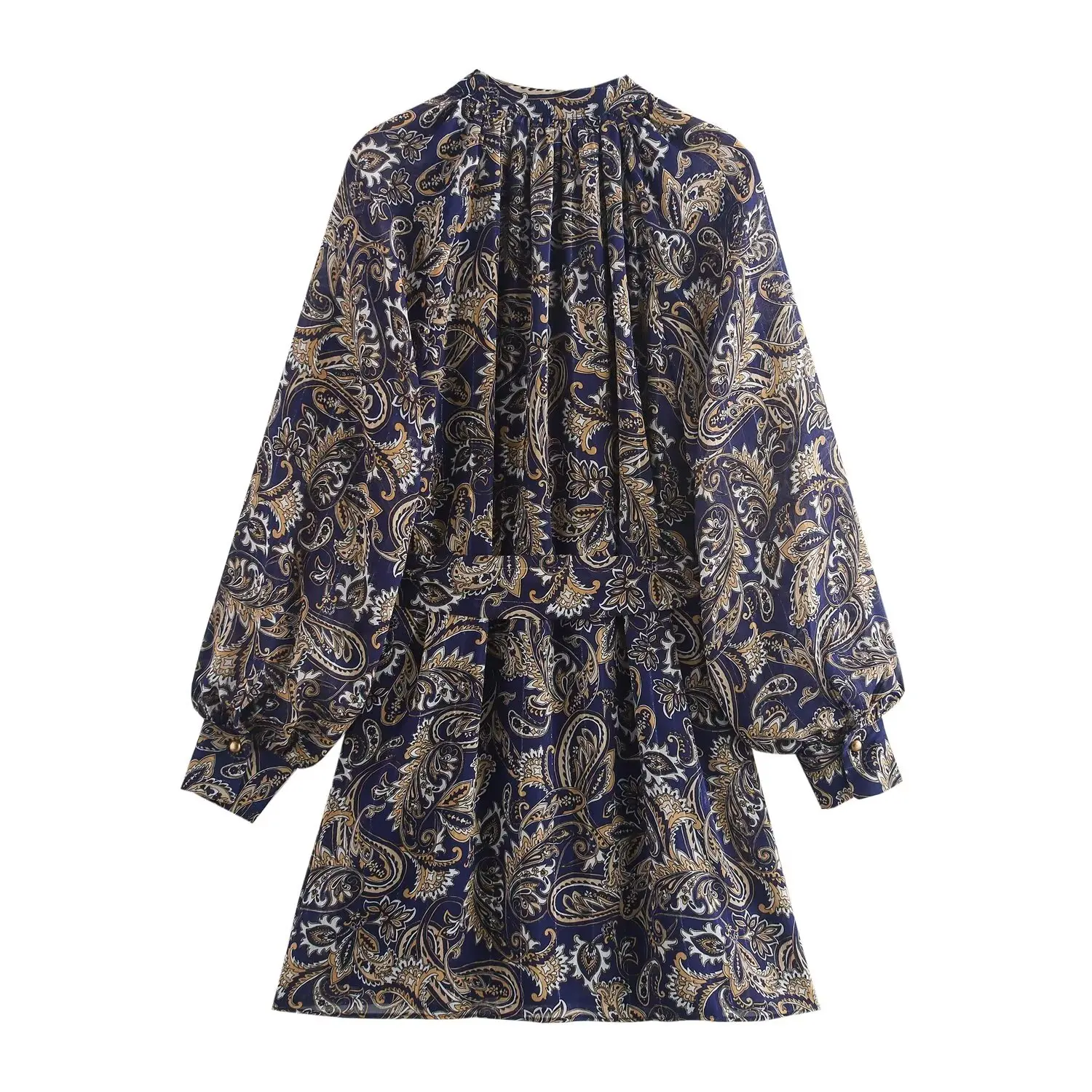 HH TRAF Female Summer Fashion Paisley Printing Long Sleeves Mini Dress Women's V-Neck Single-breasted Pleated Design Dress Mujer