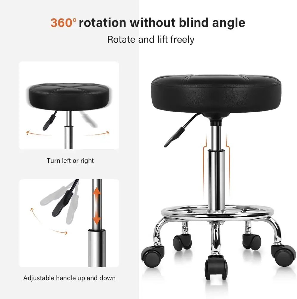 Round Rolling Stool Chair PU Leather Height Adjustable Swivel Drafting Work SPA Shop Medical Salon Stools with Wheels Of