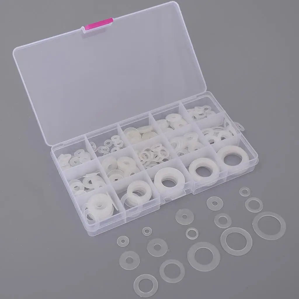 250Pcs 15-SizeWhite Nylon Insulating Flat Washers Gaskets Assortment Set~