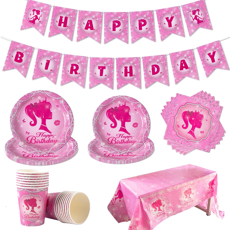 Happy Birthday Party Pink Theme Disposable Tableware Set Paper Plate Cup Napkin Kids Girl Birthday Party Baby Shower Supplies