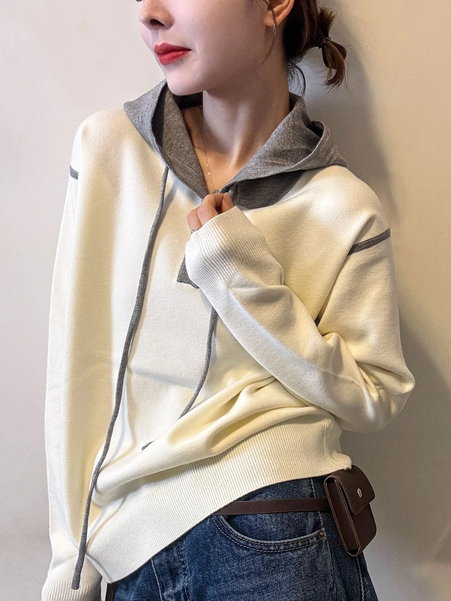 Suéter de Cachemira con Capucha y Diseño de Bloques de Color Invernal, Estilo Coreano Informal, Moda para el Trabajo, Manga L...