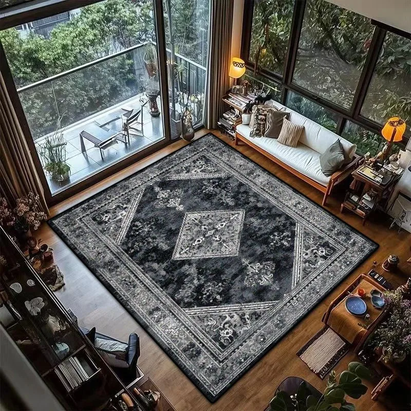 Alfombra Persa Vintage Negra y Gris, Antideslizante y Resistente a las Manchas, para Sala de Estar, Estudio, Decoración Retro para el Hogar