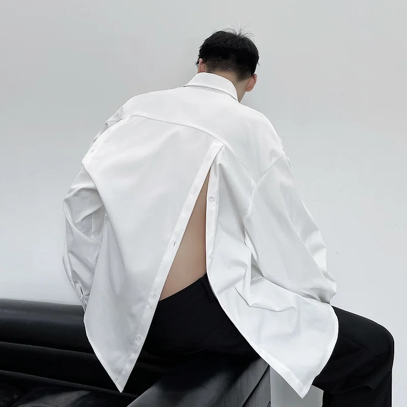 

Trendy Long Sleeve Men's Shirt Back Split Design Pure Color Casual Fashionable All-Match Mountain Wind Dark Series Clothing