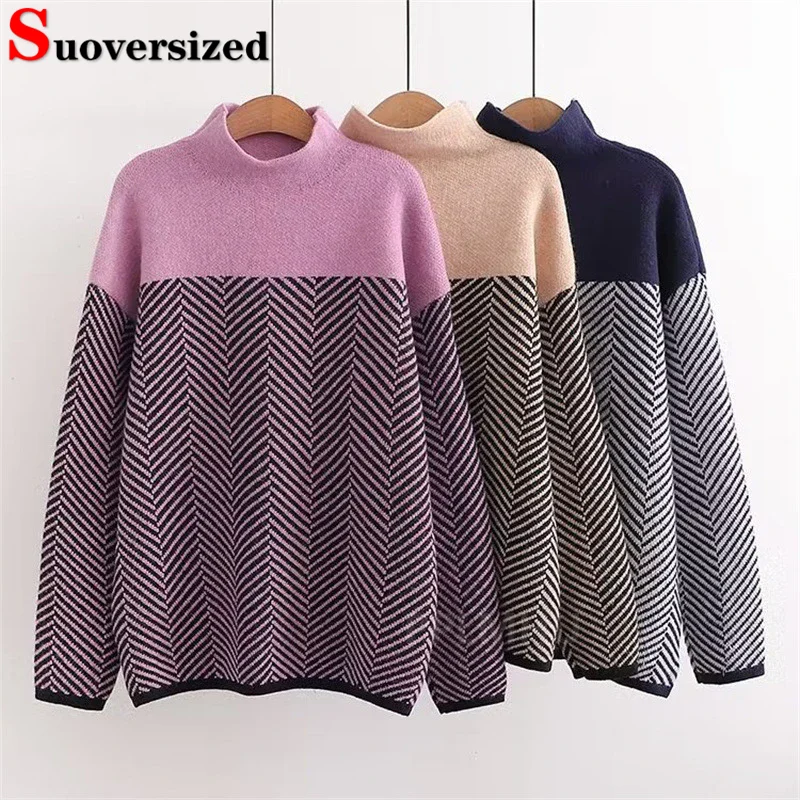 

New Spliced Stripe Sweater Pullover Fall Winter Warm Long Sleeve Knitwear Jumper Women Thick Half Turtleneck Loose Knitted Tops