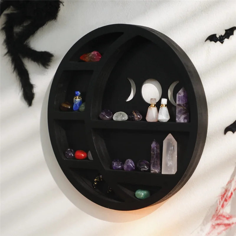 Prateleira crescente-lua para cristais, prateleira de cristal para parede, decoração de parede de lua, fase da lua, decoração de parede para quarto, 29,5x29,5cm